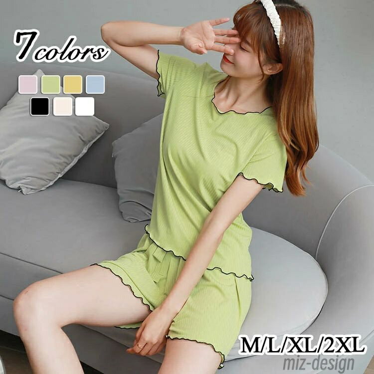 Rakuten - 【送料無料】セットアップ レディース 半袖 パジャマ 夏用 パジャマ 寝巻き 胸パッド付き 2点上下セット かわいい 無地 おしゃれ