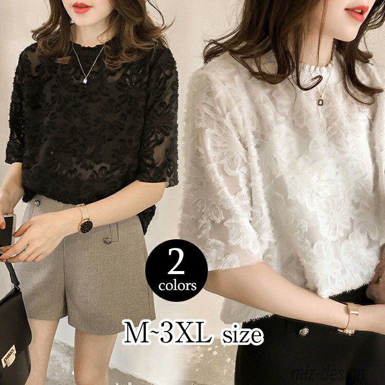 Rakuten - 【送料無料】レディース 春 夏 トップス Tシャツ プルオーバー 長袖 丸首 シアー ゆったり オフィス お花刺繍 レース 総柄 花柄 シアーボリュ