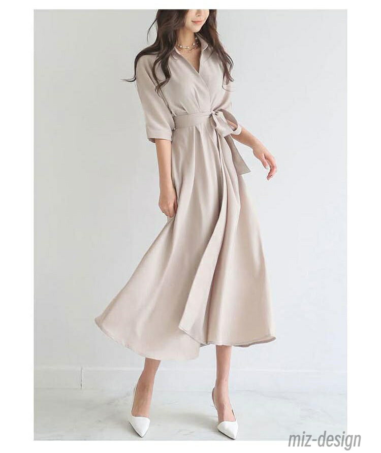 【送料無料】レディース 春 夏 秋 ベージュ グリーン ブラック ロングワンピース 半袖 ロング丈 きれいめ 無地 ロングシャツ ギャザー 着やせ