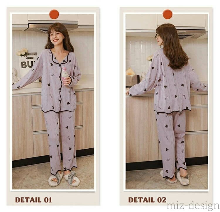 【送料無料】レディース 秋 冬 ルームウェア 長袖 セットアップ 前開き 上下セット 2点セット おしゃれ 可愛い おうち時間 寝巻き 部屋着 ナ