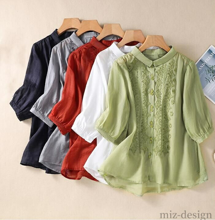 【送料無料】普通着 綿麻ブラウス 立ち襟 デート ファション リネンブラウス シンプル 可愛い 詰襟 半..