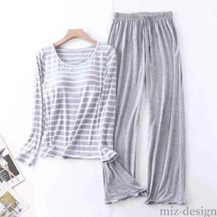 【送料無料】2点セット カップ付き ルームウエア ボーダー 上下セット 長袖 Tシャツ ロングパンツ レディース パジャマ 春 夏 秋 冬