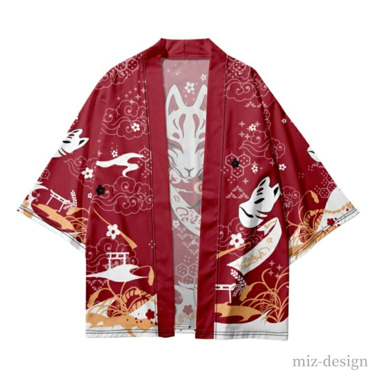 【送料無料】赤 黒 トップス コスプレ衣装 ゆったり レディース 和柄 羽織着物風カーディガン 浴衣 プリント 狛犬 メンズ 和風 お面 着物