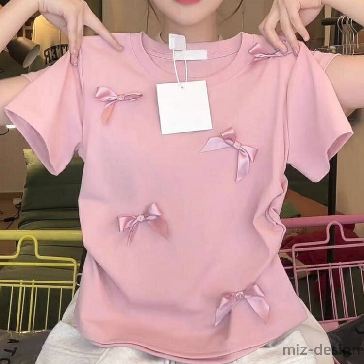 【送料無料】トップス Tシャツ レディース リボン 半袖Tシャツ Tシャツ スリム 細身 ショート丈 カットソー 半袖 リボン付き 無地 シンプル