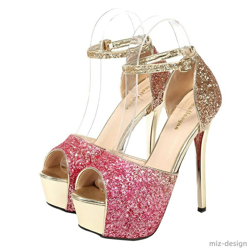 【送料無料】キラキラ ラメ 夏 靴 ハイヒール 歩きやすい 走れる 痛くない パンプス オープントゥ ) 14ヒール サンダル（