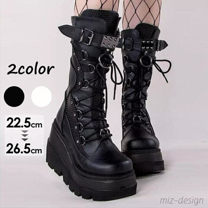 【送料無料】ブーツ レディース バックルストラップ 欧米風 パンク ロリータ風 かわいい 大きいサイズ お嬢様 日常 美脚 ホワイト ブラック