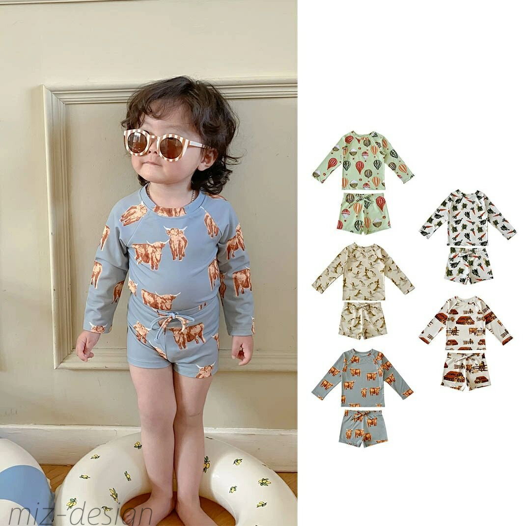 【送料無料】New Arrival 子供水着 80~130cm 3点セット セパレート水着 boy girl 長袖 キャップ付き 野..