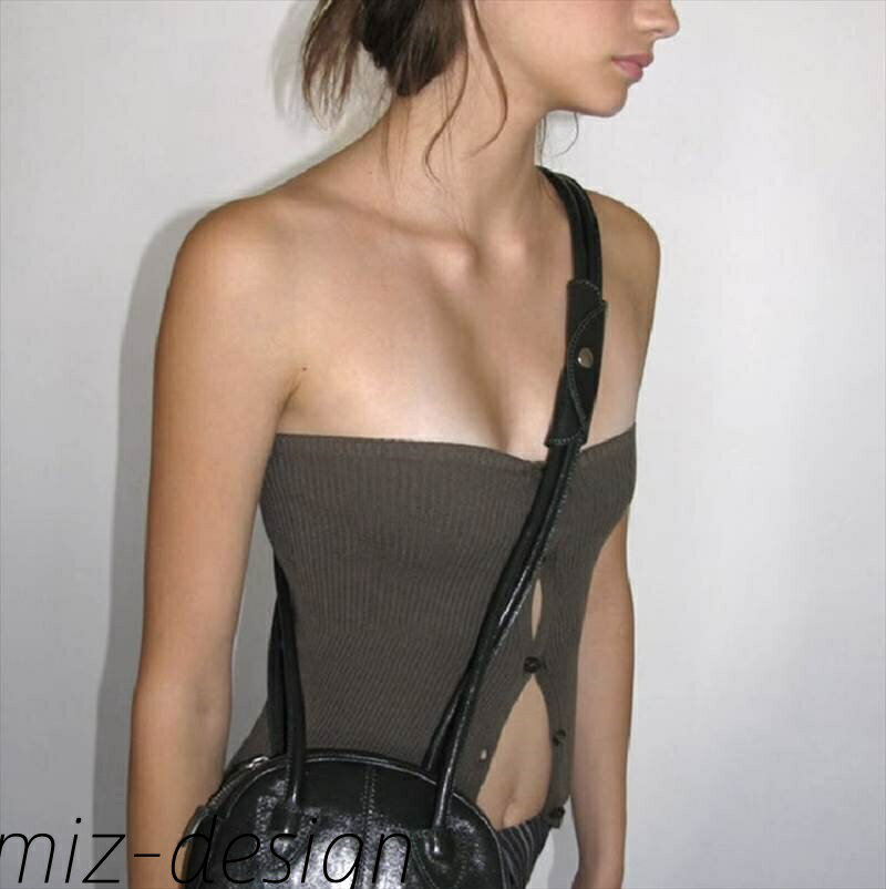 【送料無料】トップス チューブトップ ショート クロップド丈 袖なし ノースリーブ 襟なし ノーカラー タイト スリム 細身 リブ 前開き