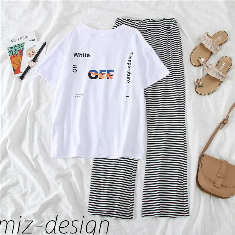 【送料無料】パジャマ 部屋着 レディース Tシャツ パンツ 半袖 ロング丈 ラウンドネック ウエストゴム ゆったり スリット 個性的 M L XL