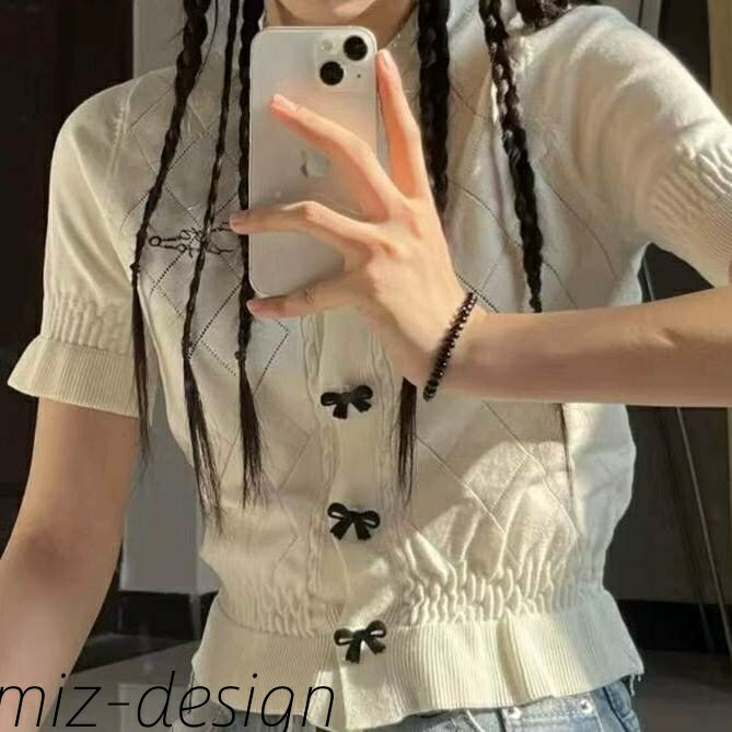 【送料無料】トップス ニット カーディガン サマーニット 上着 ショート 半袖 スリム 細身 フェミニン スリムフィット リボン リブ 伸縮性