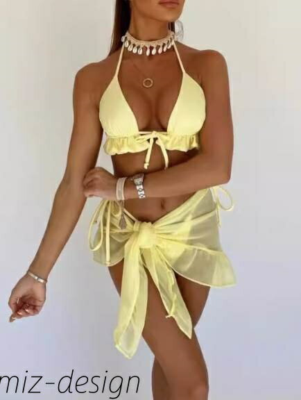 【送料無料】パーティー 夏カラー フリル パレオ スカート スリーピースセット 水着 ビキニ スイムウェア レディース タンキニ 体型カバー