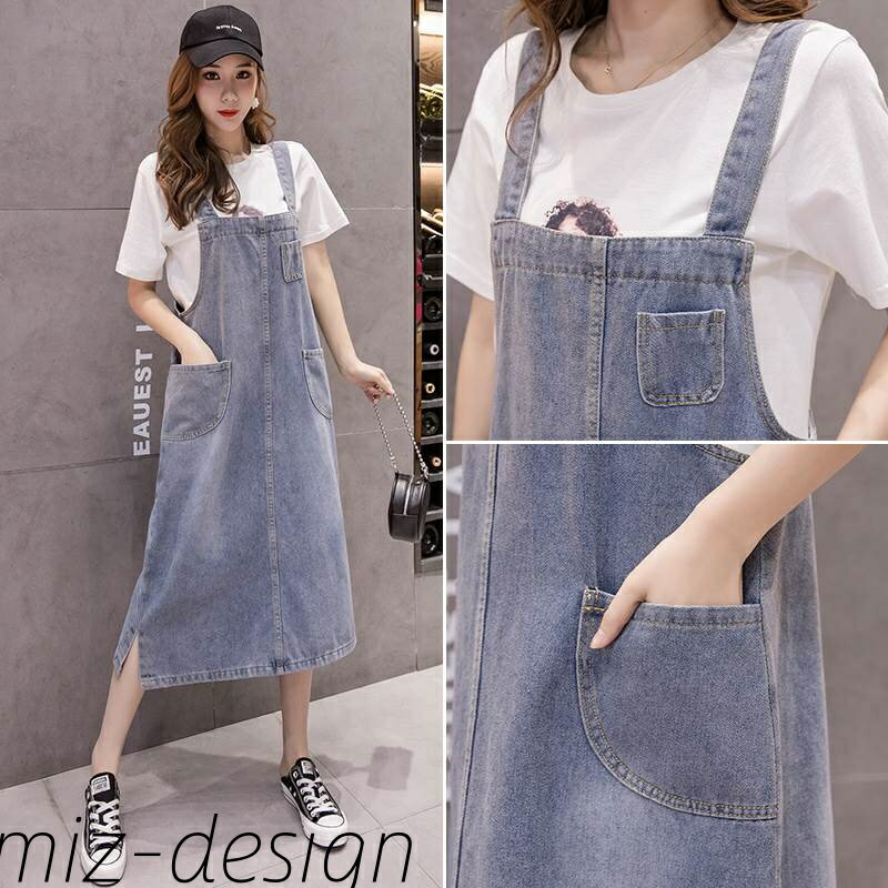 【送料無料】デニム ジャンパー スカート 人気 通販 おすすめ ルーズ ゆったり 無地 シンプル ウォッシュド サイドスリット ポケット