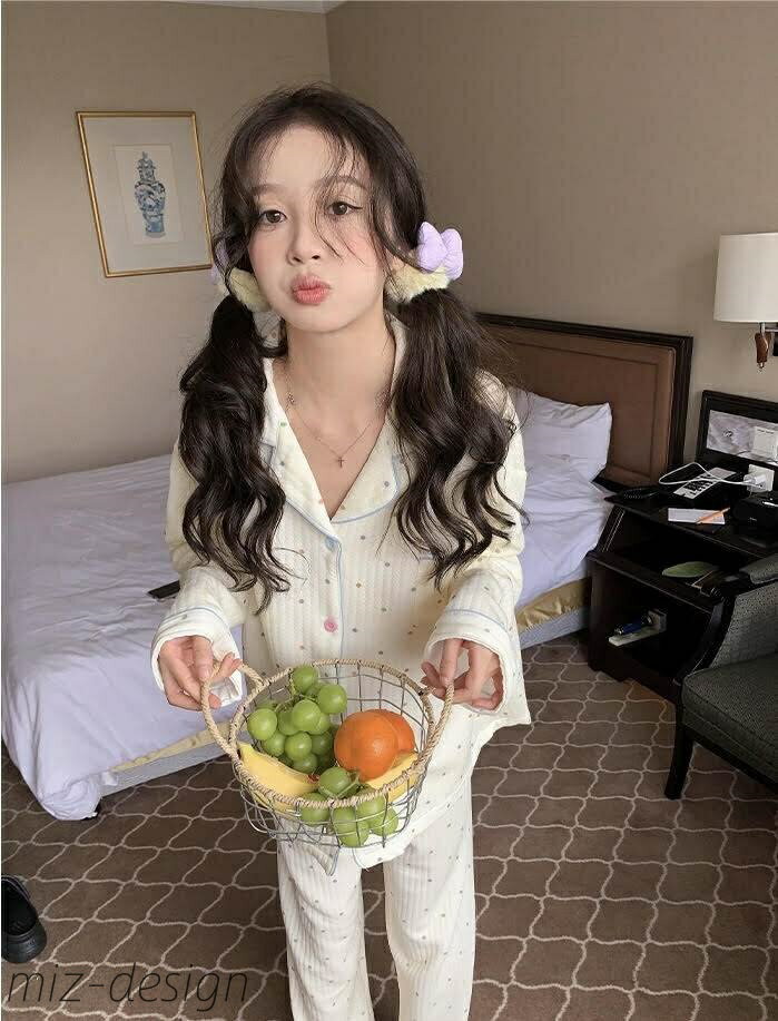 【送料無料】上下セット レディース ルームウェア パジャマ 部屋着 寝巻き 長袖 Vネック 襟付き オーバーサイズ ポケット 前開き 伸縮性