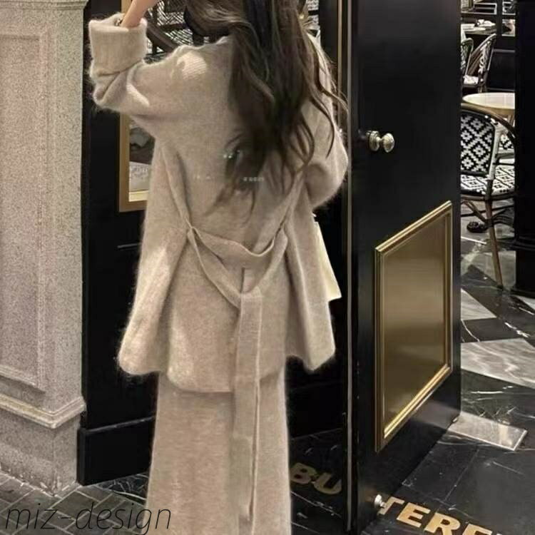 【送料無料】セットアップ 腰ひも付き カーディガン ワンピース 2点セット 上下セット レディース トップス アウター 上着 羽織 ロング