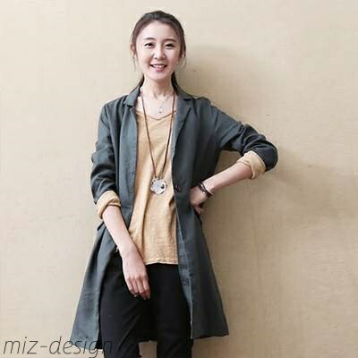 【送料無料】レディース 春 秋 スーツ ジャケット ミドル 丈 麻 バックル 襟 ボタン ポケット 付き きれいめ かわいい シンプル