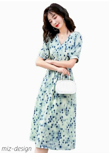 【送料無料】ワンピース スラックス フレアスカート ベイカースカート 膝下 半袖 Vネック セミフレア Aライン フェミニン 綿 コットン