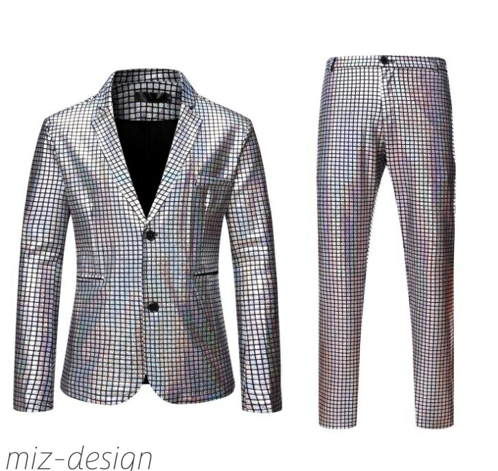 【送料無料】メンズスーツ2点セット チェク柄スーツ 舞台 ダンス衣装 光沢あり キラキラ タキシード カラオケ 歌手 魔術師 DS 忘年会 ステージ衣装