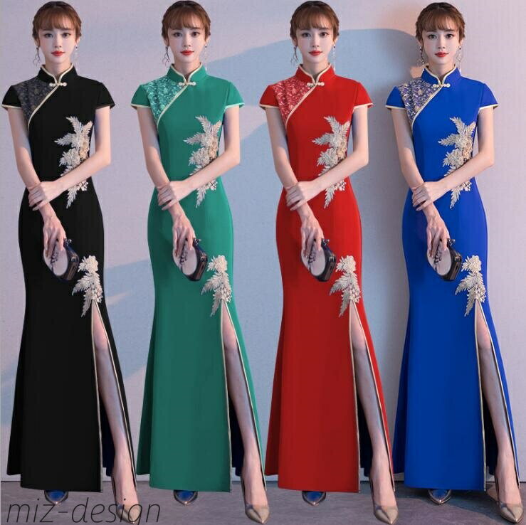 【送料無料】チャイナドレス ロング丈ドレス スリムラインドレス 中華服 マーメイドドレス 人魚裾 スリット 古典ダンス衣装 合唱衣装 音楽会 イベント
