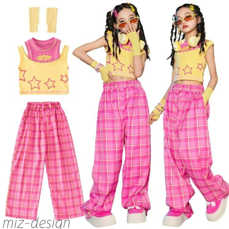 【送料無料】女の子 演出会 応援団 発表会 チェック柄 ピンク 舞台服 キッズ 子供服 韓国 ヒップホップ..