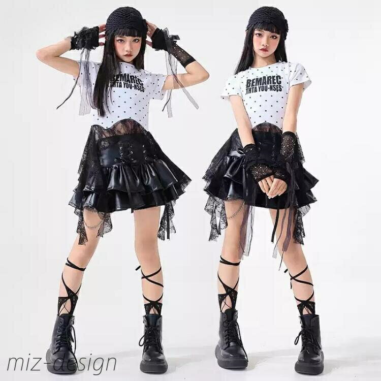 【送料無料】子供服 ダンス衣装 女の子 黒 レザー スカート キッズ へそ出し ドット柄 半袖トップス ジャズダンス y2k k-pop 衣装
