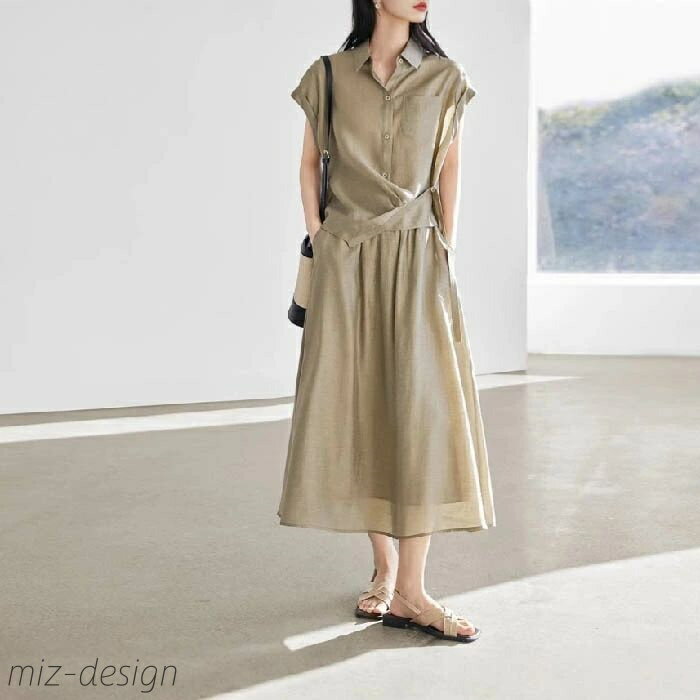 【送料無料】レディース スカート シャツ ブラウス アシメトリ ロング丈 スカート リネンライク 半袖 ..