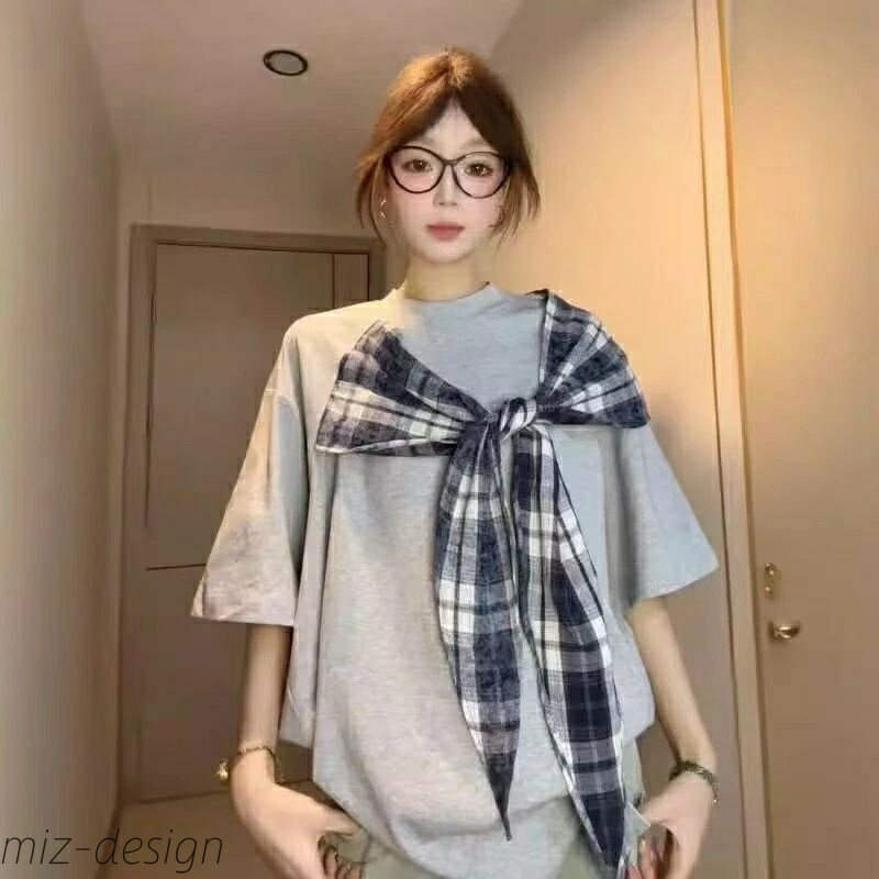 Rakuten - 【送料無料】半袖tシャツ 可愛いtシャツ 半袖 大きめTシャツ レディース レディスTシャツ 夏服 薄手 チェック柄 大きいTシャツレディース