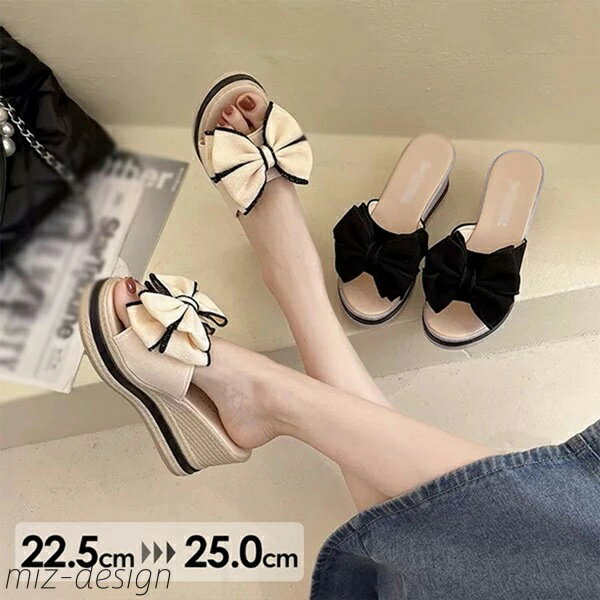 【送料無料】普段履き つっかけ かかとなし ウェッジヒール ブラック ベージュ 厚底サンダル 可愛い リボン付き ヒール7.5cm 厚底 ミュール