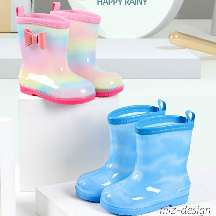 【送料無料】キッズレインブーツ 女の子 男の子 長靴 子供用 可愛い 虹色 ガールズ 軽量 雨靴 子ども用 滑り止め 梅雨 通園?通学用 リボン(4)