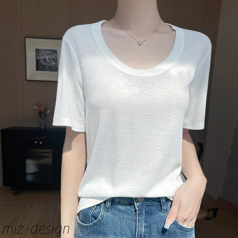 【送料無料】レディース 女性用 テンセル リヨセル ポリエステル Uネック 半袖 ゆったり 薄手 接触冷感 吸湿速乾 無地 春夏 トップス 通勤