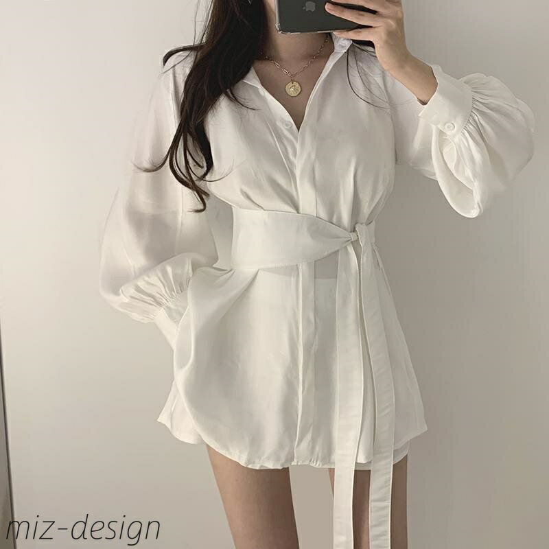 【送料無料】レディース トップス ショートパンツ 2点セット 韓国風 エレガント ウエストマーク ランタンスリーブ 切り替え 長袖 ホワイト