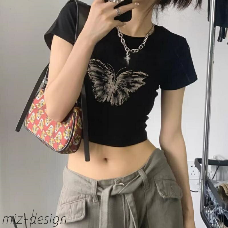 【送料無料】レディース 半袖 ブラック ショート丈 ウエストマーク スリムフィット アメカジ フレンチ カジュアル 甘辛ミックス トップス