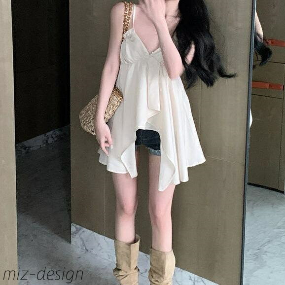 【送料無料】レディース Vネック ストラップ キャミソール 夏 アシンメトリー フリル ゆったり 大人かわいい 甘辛スタイル ポリエステル