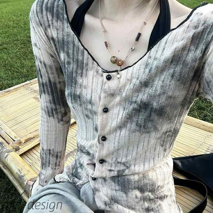 【送料無料】セットアップ レディース ニット タイダイ 切り替え アップリケ ポリエステル 長袖 トップス 春夏 日韓風 カジュアル