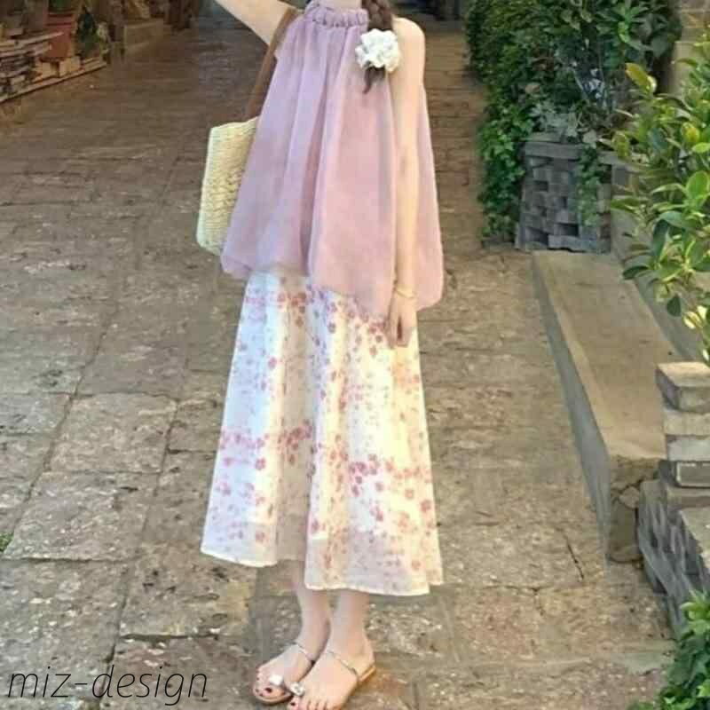 【送料無料】レディース ホルターネック ブラウス 花柄 ロングスカート 春夏 リゾートスタイル おしゃれ 上品 きれいめ フェミニン