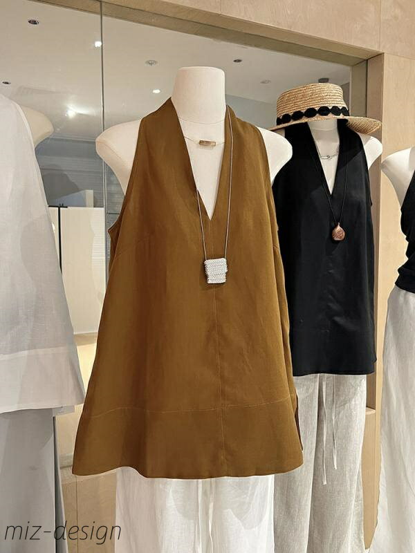 【送料無料】レディース ホルターネック Vネック 高級感 ゆったり ノースリーブ ブラウス フレンチスタイル エレガント 上品 ポリエステル