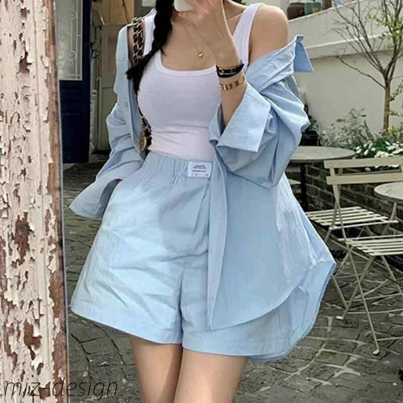 【送料無料】セットアップ レディース 韓国風 春夏 かわいい 若見え ゆったり 長袖シャツ リボン付き ハイウエスト ワイド ショートパンツ
