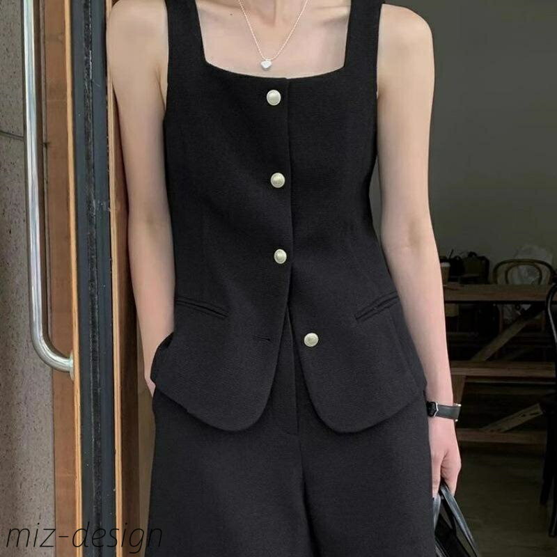 【送料無料】レディース 韓国ファッション シック 春夏 フレンチテイスト スクエアネック シングルボタン ベスト ジレ ハイウエスト