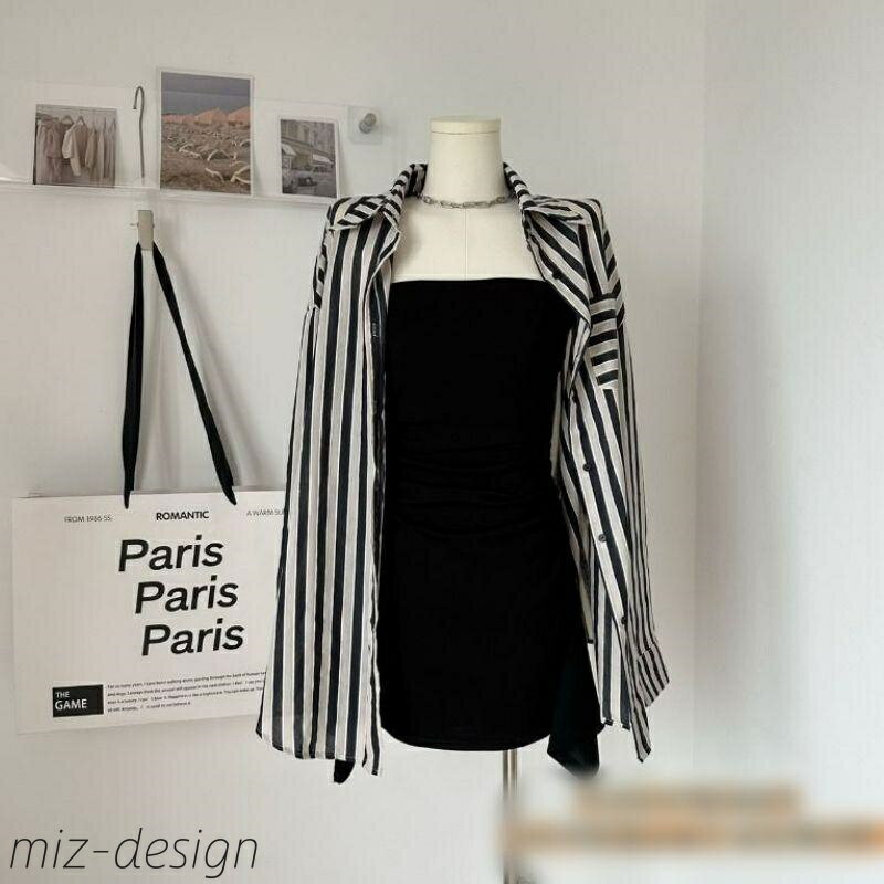 【送料無料】レディース 春夏 UVカット 韓国風 ストライプ柄 シャツ ブラック ワンピース 長袖 ポリエステル カジュアル 上下セット