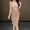 【送料無料】レディース 春 クロスVネック メッシュ プリント 長袖 トップス ハイウエスト スリット タイトスカート 大人カジュアル