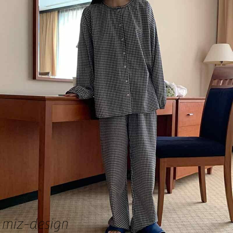 【送料無料】カップル パジャマ 韓国風 チェック柄 綿 前開き 2点セット 長袖 長ズボン シンプル 快適 リラックス 部屋着