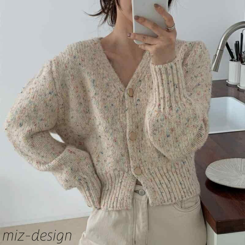 【送料無料】レディース 秋冬 マルチカラー ドット柄 Vネック ニット ループ編み アクリル ラメ 長袖 スリムフィット きれいめ オフィス(4)