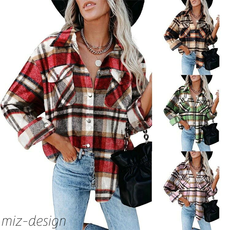 Long-Sleeved - 【送料無料】長袖 チェック柄 トップス レディース 秋冬 ブラウス ワイシャツ 大きいサイズ ベーシック ゆったり 体型カバー 女性