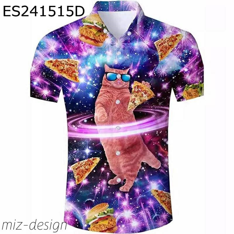 【送料無料】猫柄 食べ物 カッターシャツ 大きいサイズ サメ柄