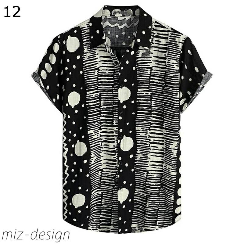 【送料無料】ブラウス 楽器柄 パイナップル ストライプ ビーチシャツ プリント付き メンズ 開襟 折り襟 薄い トレンド 抽象的 旅行 ワイド