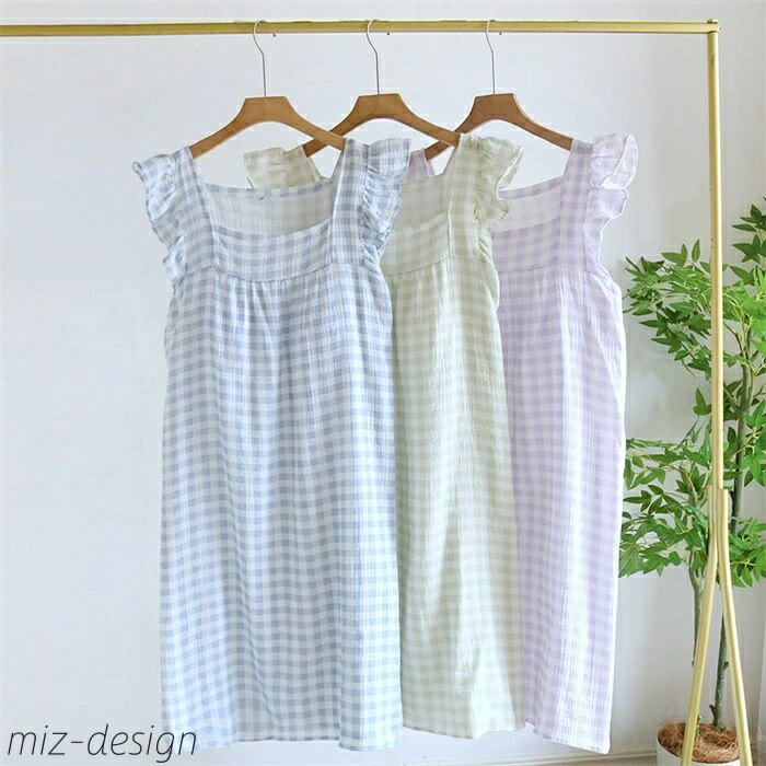 【送料無料】ダブルガーゼ パジャマ ワンピース レディース 夏 ルームウェア 部屋着 カップ付き 綿100% ノースリーブ チェック柄 ガーゼ ワンピ