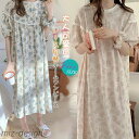 【送料無料】ロング 綿 レディース 春夏 ルームワンピース 半袖ワンピース 綿レース 可愛い 花柄ルームワンピース パフスリーブ ロング丈 ネグリジェ
