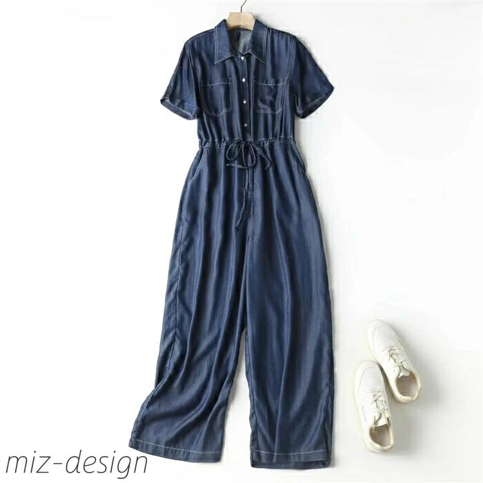 【送料無料】レディース 半袖 ワイドパンツ ロング丈 デニム 接触冷感 デニムオーバーオール 春 夏 ポケット サマー ウエスト紐付き 体型カバー 女性