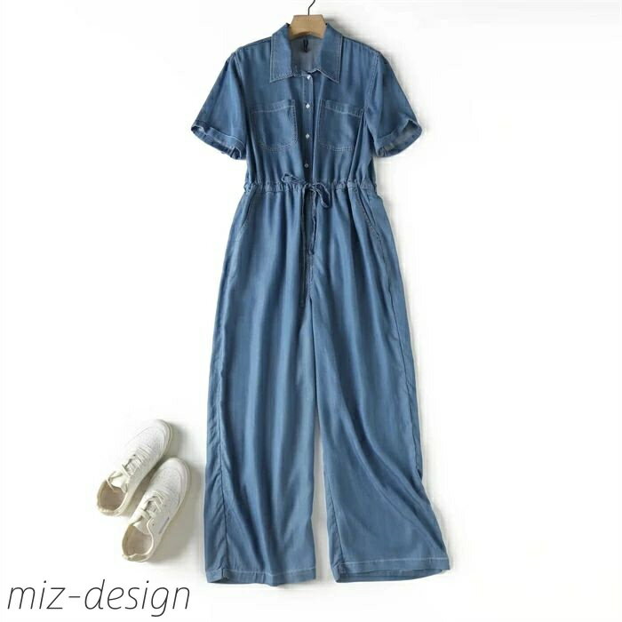 【送料無料】レディース 半袖 ワイドパンツ ロング丈 デニム 接触冷感 デニムオーバーオール 春 夏 ポケット サマー ウエスト紐付き 体型カバー 女性