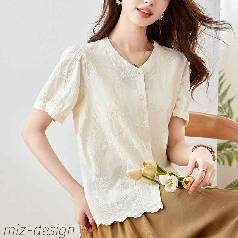 【送料無料】レディース 女性用 Vネック 半袖 5分袖 前開き 綿 コットン 刺繍 花柄 ゆったり ショート丈 エレガント 上品(4)