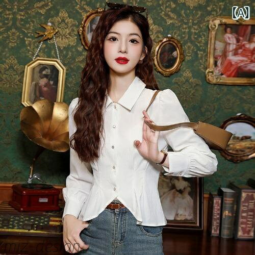 【送料無料】トップス おしゃれ エレガント 通勤 オフィス カジュアル ファッション 白 シャツ 秋 シック ウエスト ショート(4)